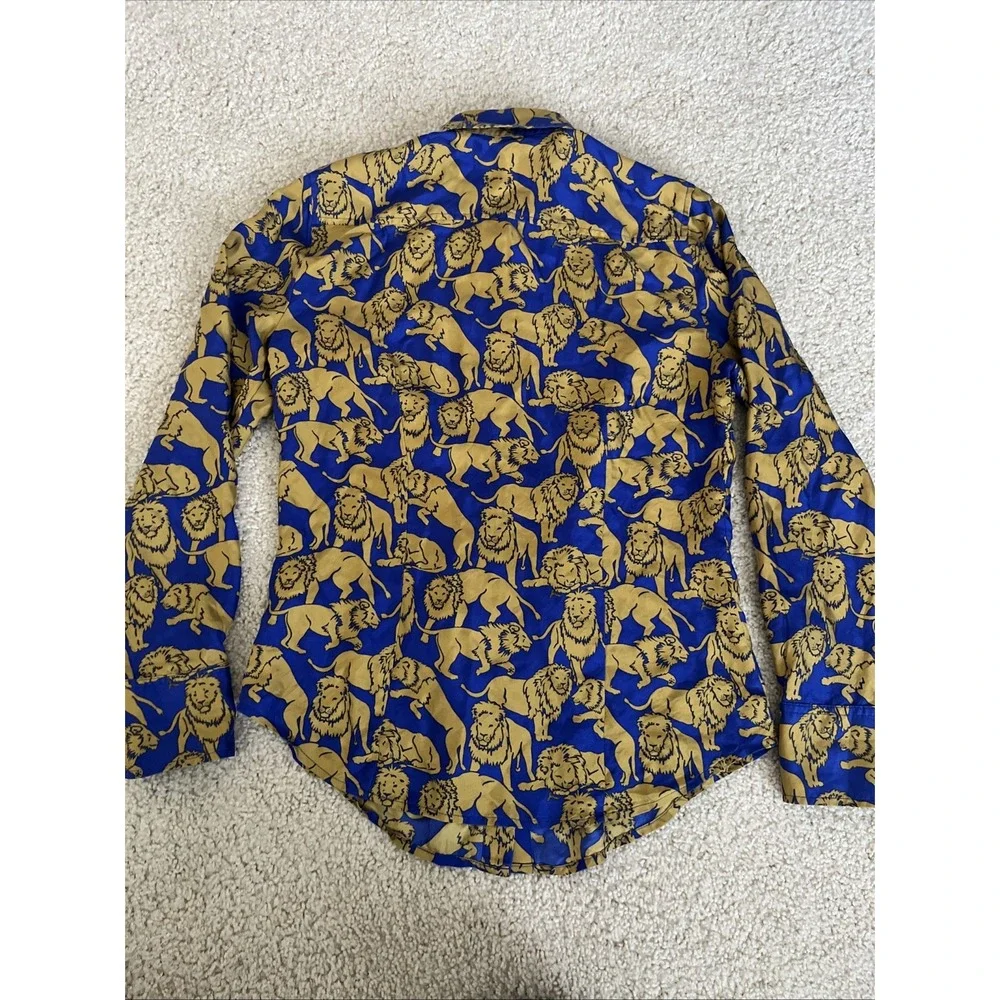 J Crew Collection 100% Silk Sleepy Lions Button Blouse Blue Gold 2